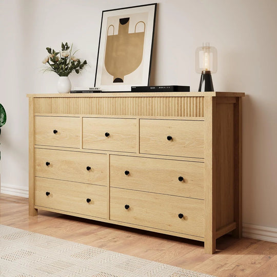 7 Drawer Dresser for Bedroom, 54 in Wide Modern Fluted Chest of Drawers, Wooden Storage & TV Stand, Natural Oak