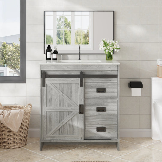 Farmhouse Bathroom Vanity with Ceramic Top and Sliding Barn Door Sink Cabinet, Rustic Single Sink Vanity