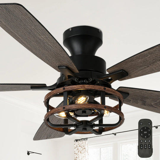 52-In Farmhouse Black Caged Ceiling Fan with Lights and Remote Control, Low Profile Flush Mount Chandelier Ceiling Fan