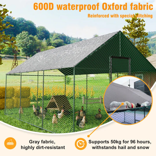 Upgraded Anti-Rust Metal Chicken Coop with Run Walkin Poultry Cage Habitat with Feeding Door, Waterproof and Snow /Rain Accumulation Prevent Cover for Backyard Farm Garden