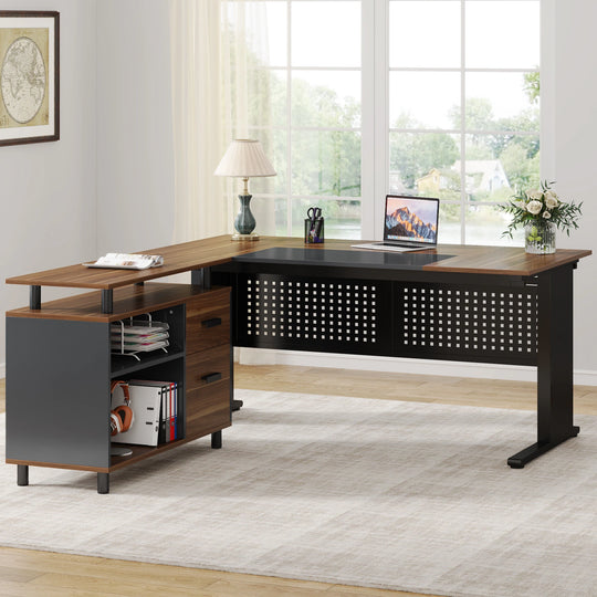 63 Inch Executive Desk with File Cabinet, Large Office Desk L Shaped Desk