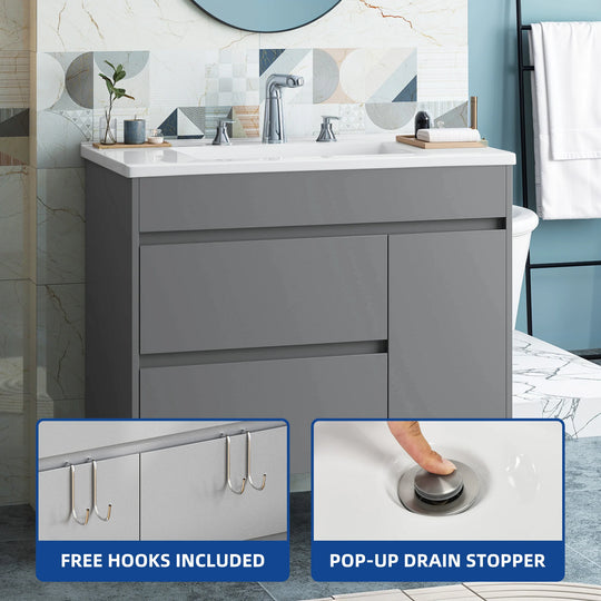 37" Freestanding Single Bathroom Vanity with 1 Soft Closing Cabinet & 2 Drawers