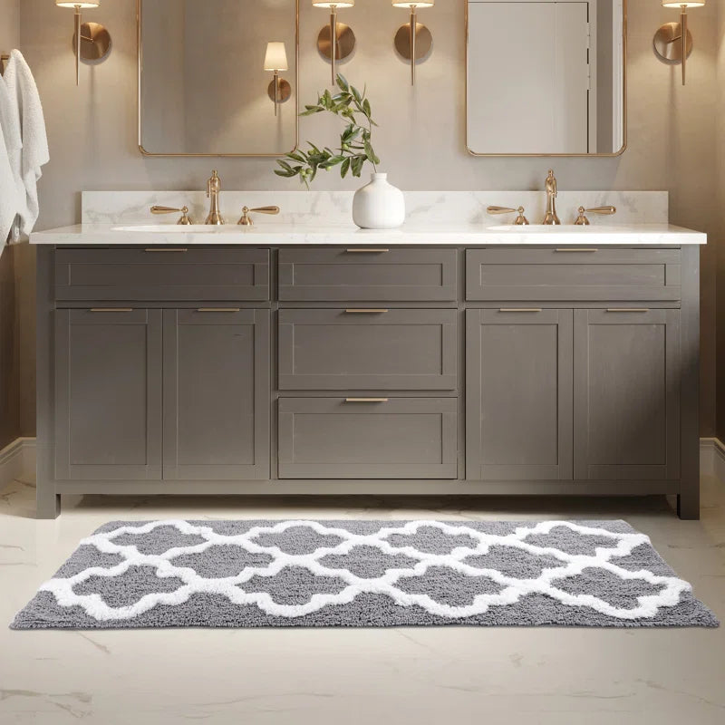 Freida 24X60-Inch Cotton Bathroom Rug with Trellis Pattern and Non-Slip Base - Machine Washable