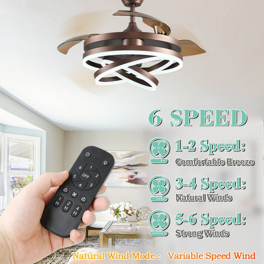 42In. DIY Shape Retractable Ceiling Fan with Lights, 6-Speed DC Motor Modern Ceiling Fan with LED Light and Remote