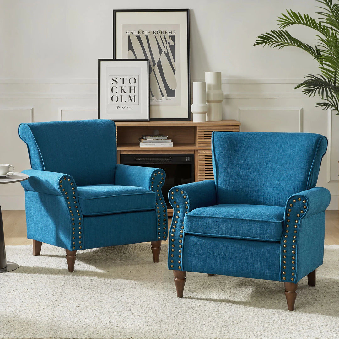 Nyctelius Upholstered Comfy Accent Chair with Turned Wooden Legs and Nailhead Trim Set of 2 by