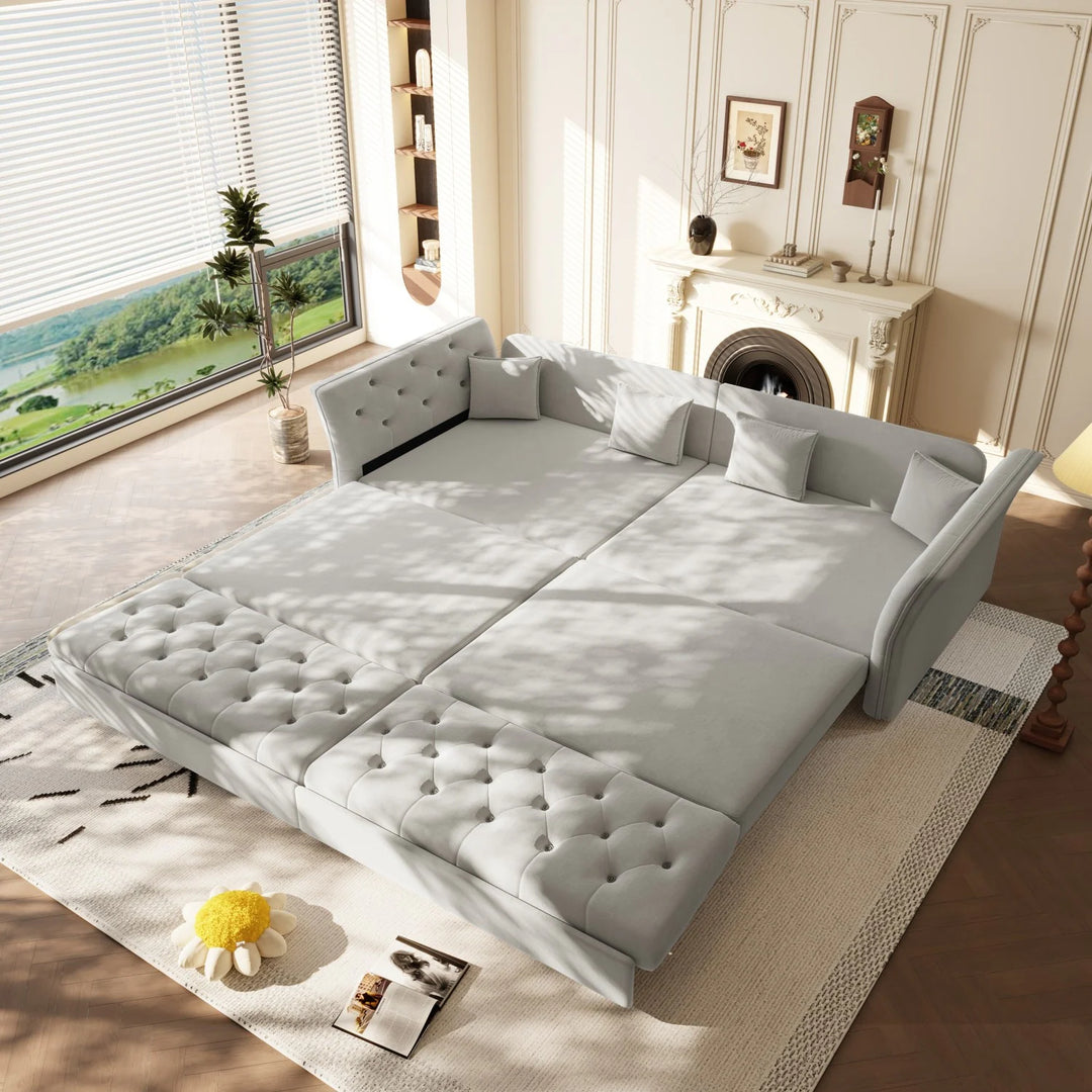 100" Velvet Convertible Sofa Bed with with Fabric Flower Tufted Design