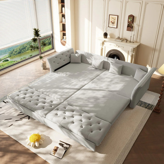 100" Velvet Convertible Sofa Bed with with Fabric Flower Tufted Design