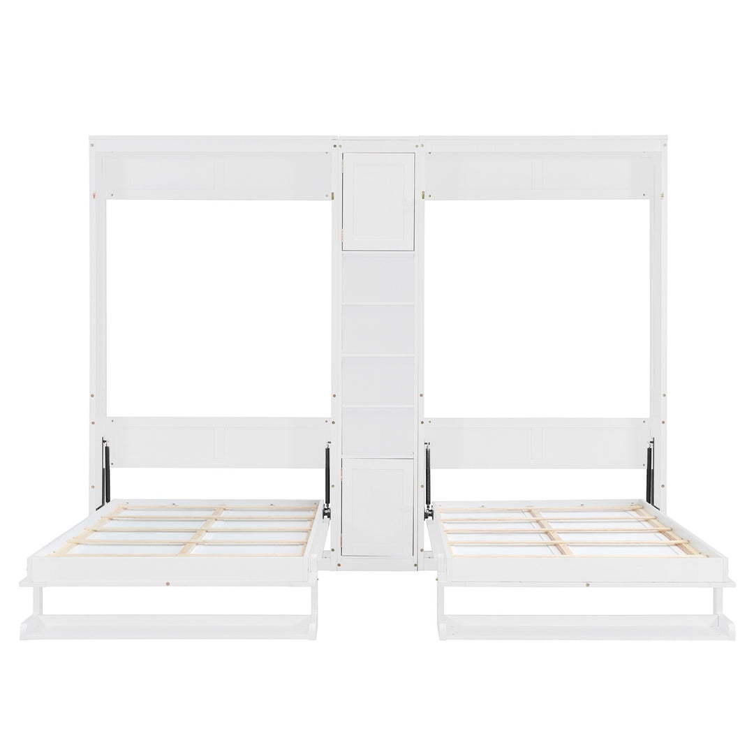Dual Twin Size Wall Murphy Beds with Cabinets and Shelves, Space-Saving Design