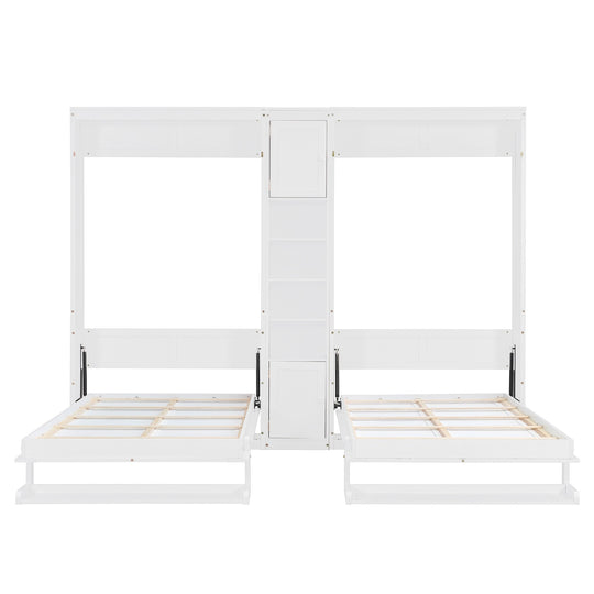 Dual Twin Size Wall Murphy Beds with Cabinets and Shelves, Space-Saving Design