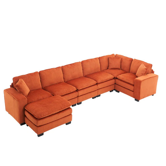Modern U-Shaped 6-Seater Sectional Sofa with One Footstool
