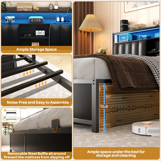 Upholstered Bed Frame with Storage Shelving, Platform Beds with Charge Station and LED Lights