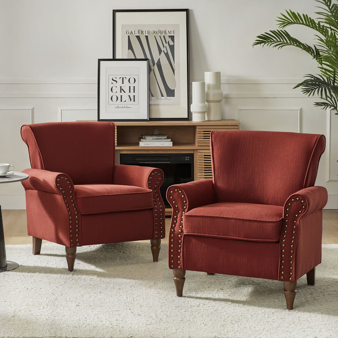 Nyctelius Upholstered Comfy Accent Chair with Turned Wooden Legs and Nailhead Trim Set of 2 by