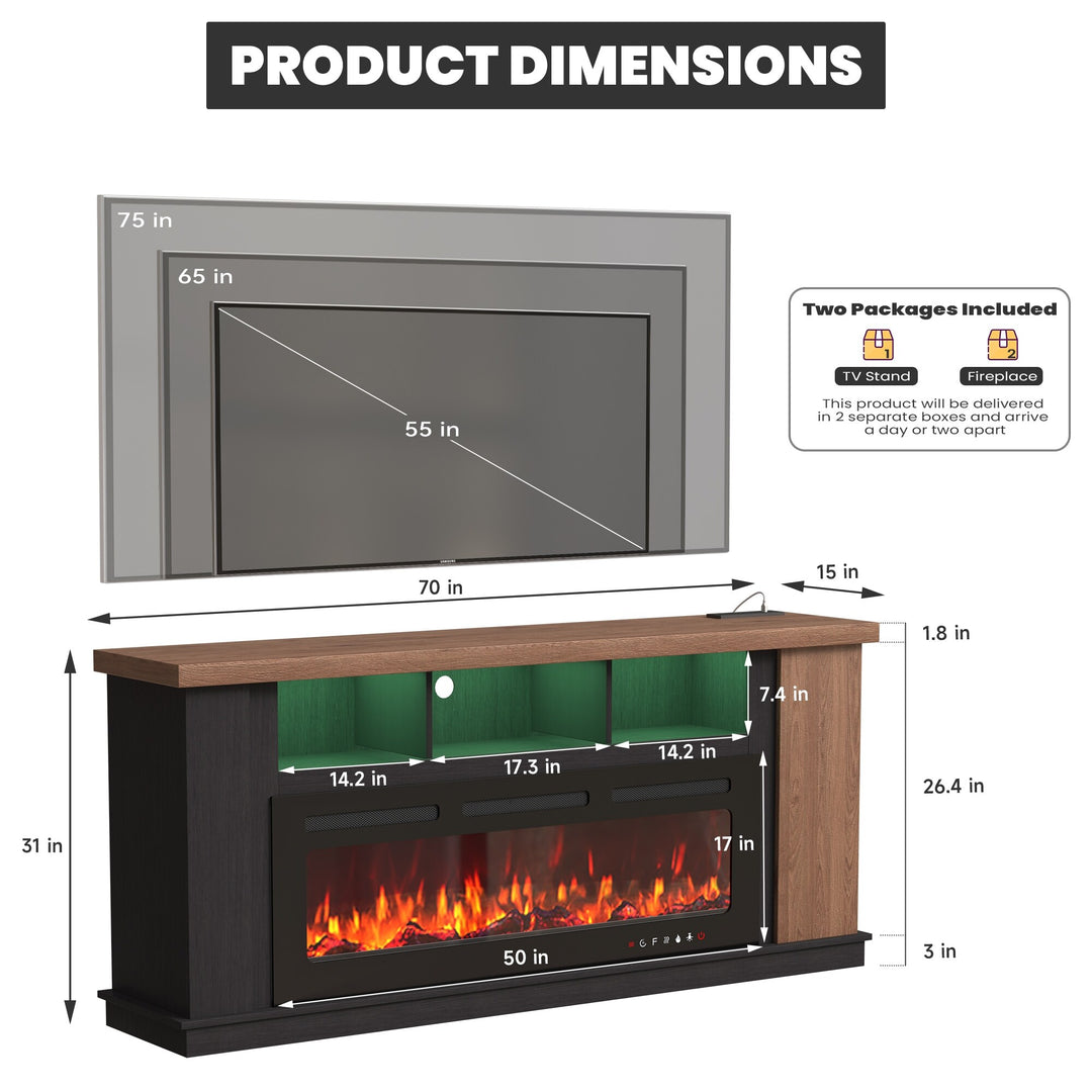 70" TV Stand with Electric Fireplace Heater, Media Entertainment Center Console for Tvs up to 80" with Storage Cabinet