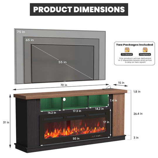 70" TV Stand with Electric Fireplace Heater, Media Entertainment Center Console for Tvs up to 80" with Storage Cabinet