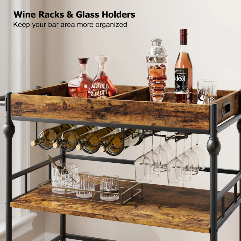 Serving Bar Cart for Home with Wine Rack & Glass Holders, Drink Trolley on Wheels