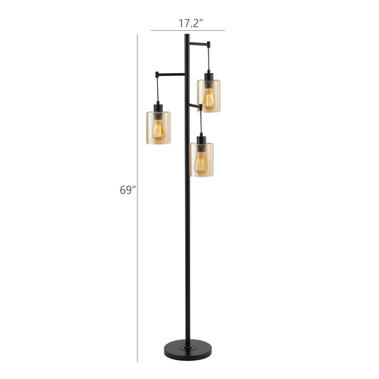Getledel 69" Industrial 3-Light Tree Floor Lamp with Glass Shades