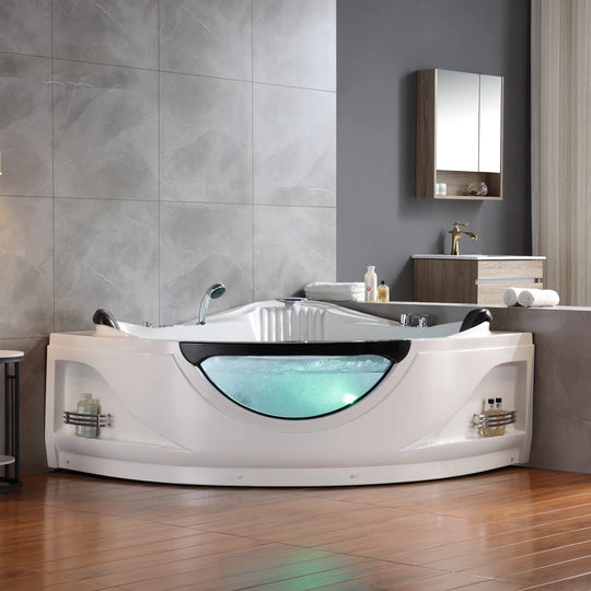 59" X 59" Acrylic Corner Whirlpool Bathtub - 10 Water Jets - Led Lights - Left Side Drain - 3-Side Alcove Install