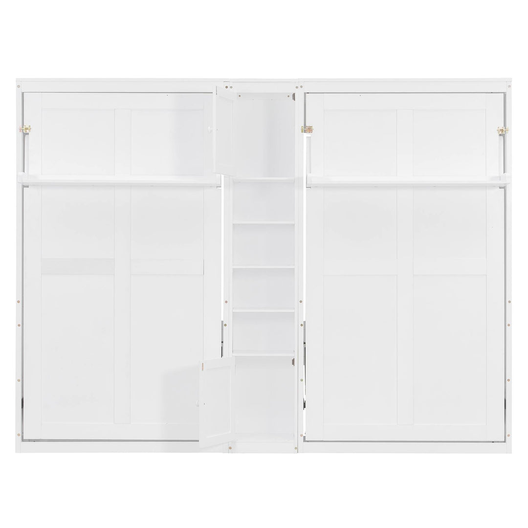 Dual Twin Size Wall Murphy Beds with Cabinets and Shelves, Space-Saving Design