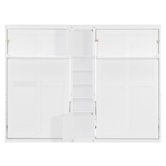 Dual Twin Size Wall Murphy Beds with Cabinets and Shelves, Space-Saving Design