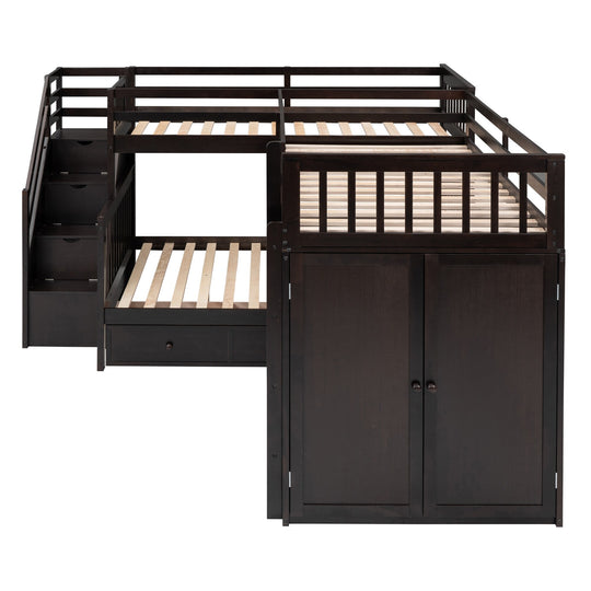 L-Shaped Bunk Bed with Three Drawers, Portable Desk and Wardrobe, Twin-Twin over Full Design
