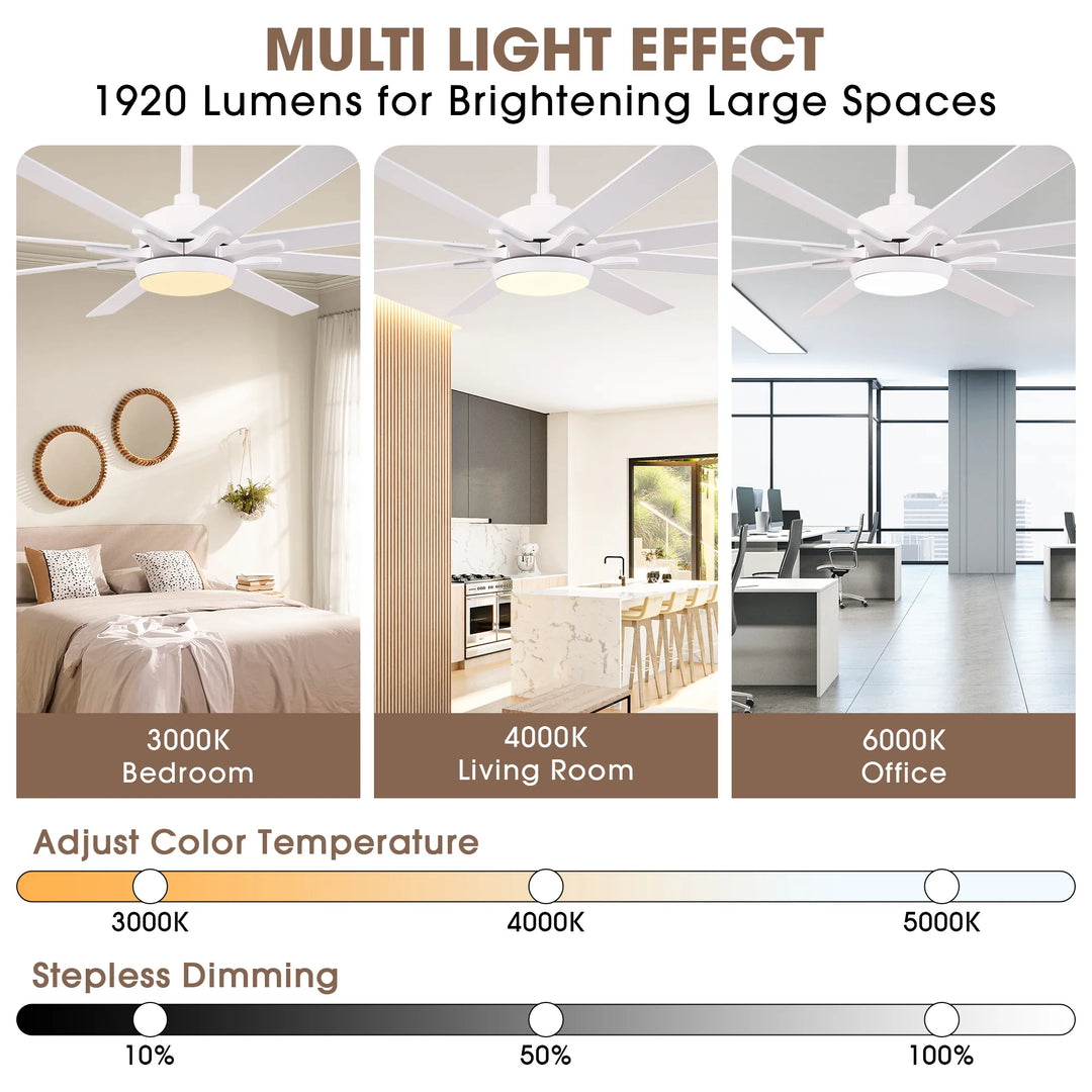65-Inch Modern Reversible Dimmable Large Ceiling Fan with Light and Remote
