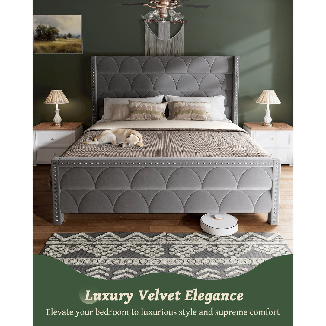 Hansabenne Solid Wood Bed Frame Queen and King Platform Bed Frame with Headboard White and Gray