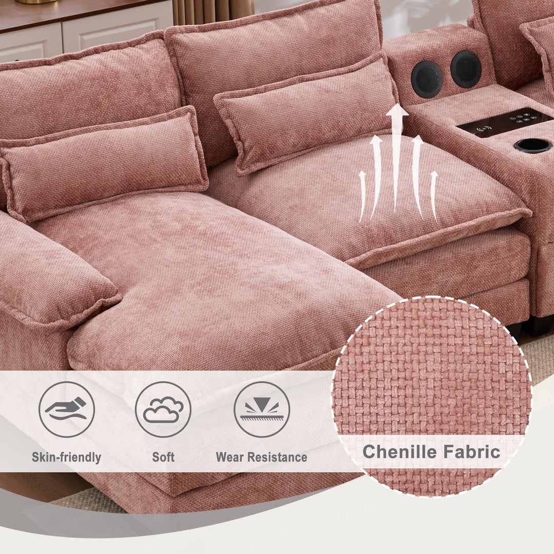 6-Seat Chenille Upholstered Modern U-Shaped Sectional Multifunctional Sofa with 2 Cup Holders,Pull-Out Storage Space