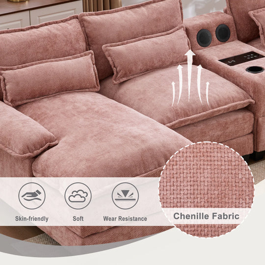 6-Seat Chenille Upholstered Modern U-Shaped Sectional Multifunctional Sofa with 2 Cup Holders,Pull-Out Storage Space