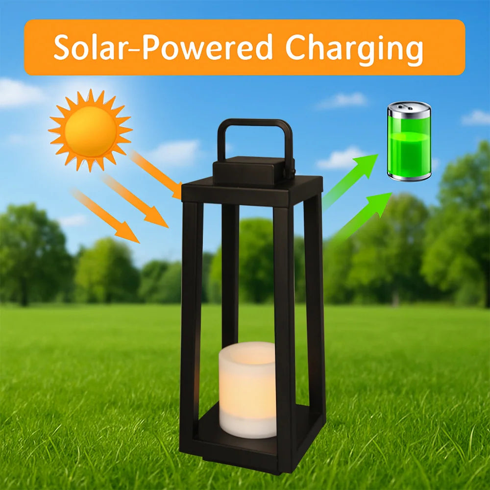 1 Light H16" Modern Matte Black Solar Lantern with Candle Shape Outdoor Light Decorative Portable Hanging LED Lights