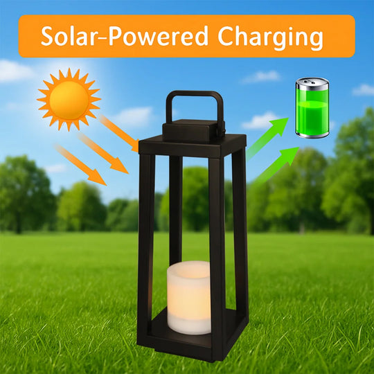 1 Light H16" Modern Matte Black Solar Lantern with Candle Shape Outdoor Light Decorative Portable Hanging LED Lights