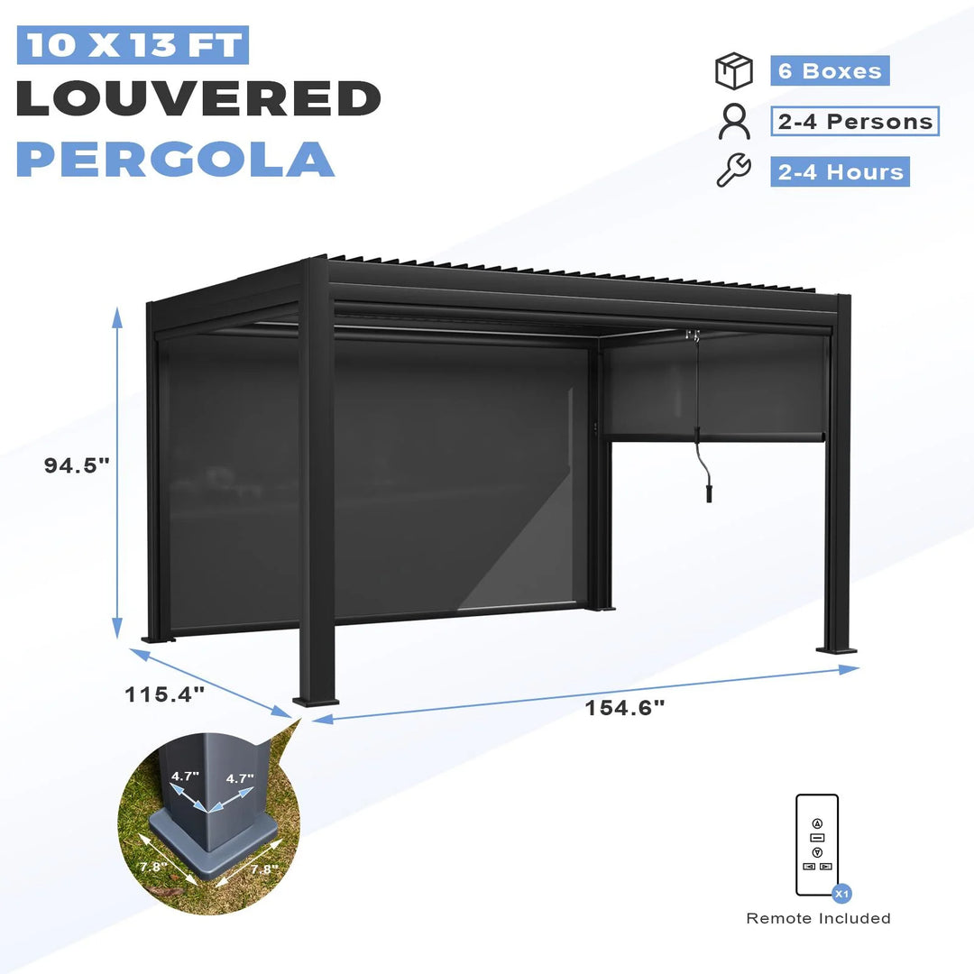 Outdoor Louvered Pergola Gazebo with Adjustable Aluminum Rainproof Roof and Pull-Down Screen