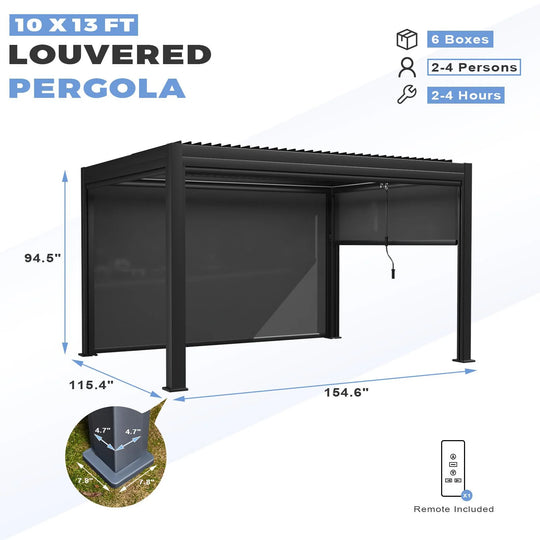 Outdoor Louvered Pergola Gazebo with Adjustable Aluminum Rainproof Roof and Pull-Down Screen