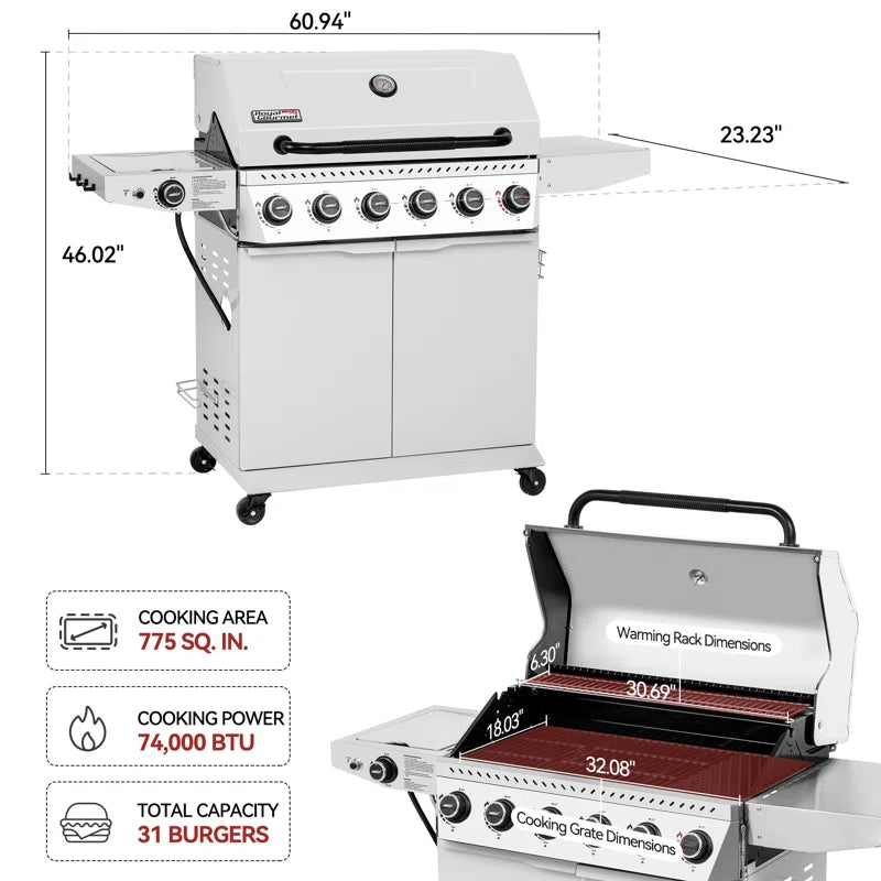 6-Burner BBQ Liquid Propane Gas Grill with Sear Burner and Side Burner, White