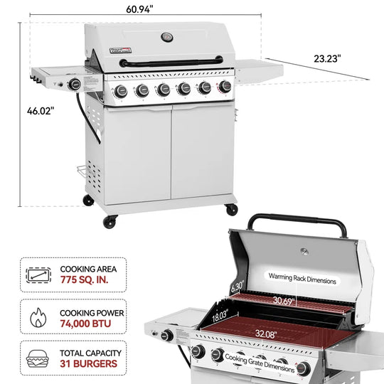 6-Burner BBQ Liquid Propane Gas Grill with Sear Burner and Side Burner, White