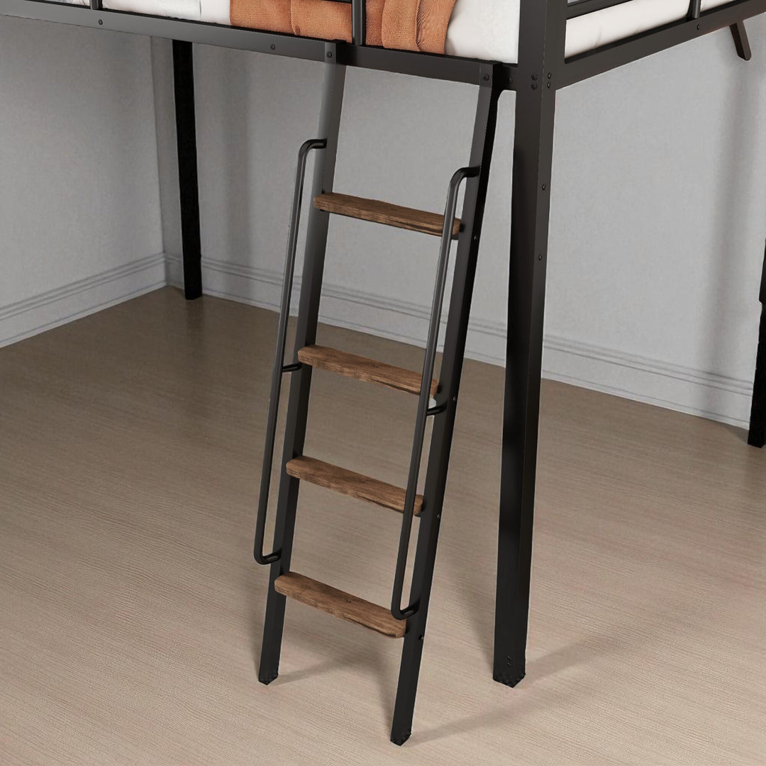 Full/Queen Size Metal Loft Bed with Desk, LED Lights, USB Ports, Shelves, Drawers, and Wardrobe, Black