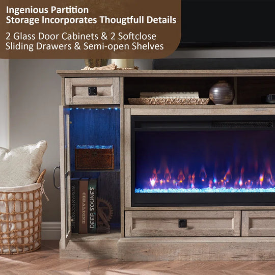 Aira 70"W Farmhouse Fireplace TV Stand with Timer, Wood Media Console for Tvs up to 80" with Fireplace Included