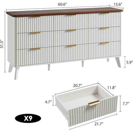 Fluted 9-Drawer Dresser, 60.6" Wide Modern Wooden Chest with Curved Design, Dresser TV Stand for Living Room, Walnut