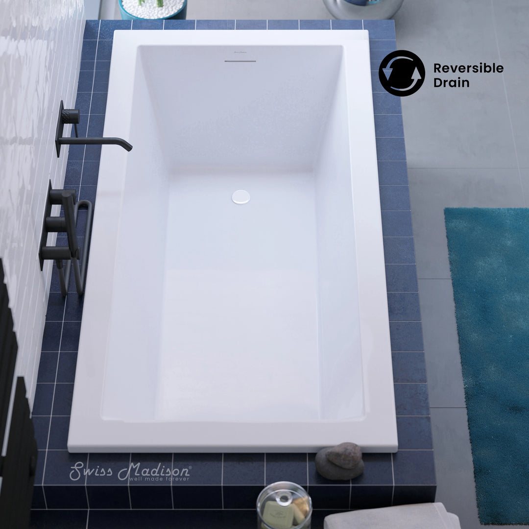Voltaire 72 X 36 Reversible Drain Soaking Drop-In Bathtub in Glossy White with Integrated Overflow, Drain Included