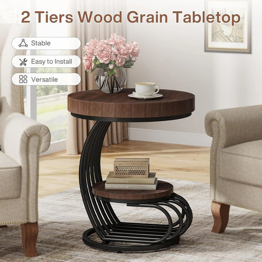 2 Tiers round End Table with Shelf Storage, Arc-Shaped Side Sofa Table