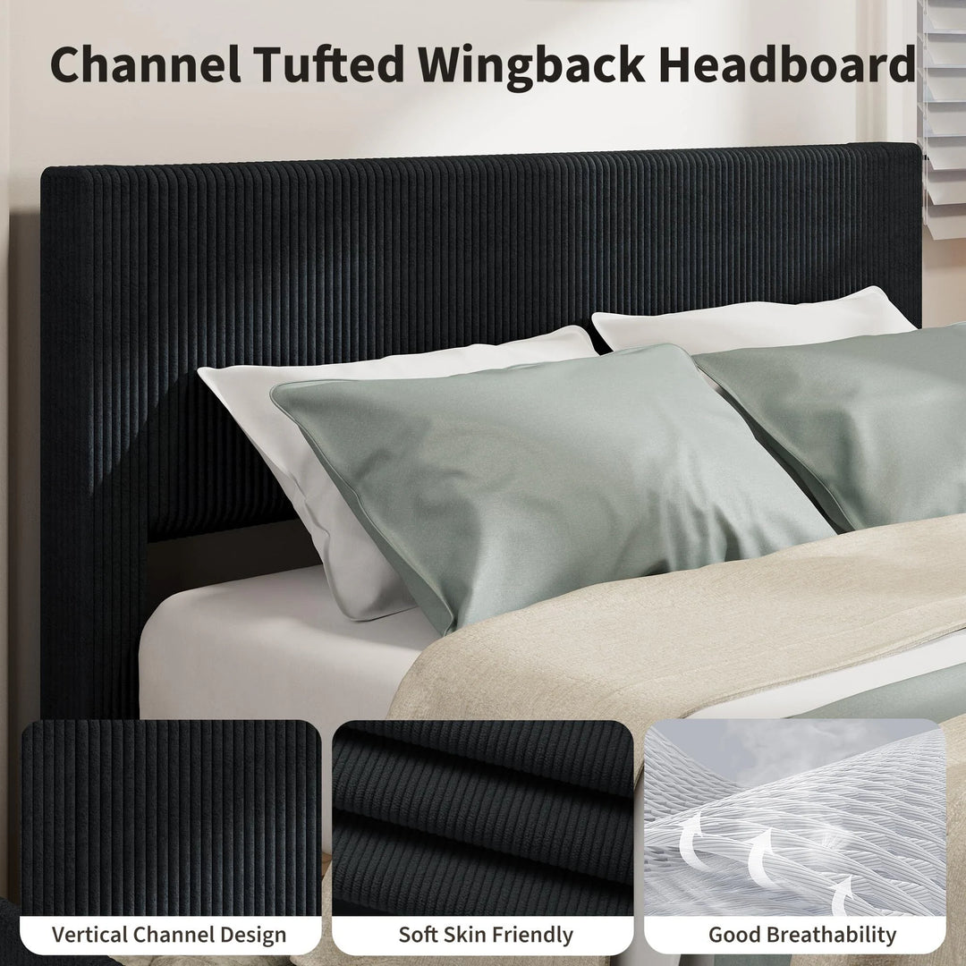 Upholstered Corduroy Channel Tufted Headboard Bed Frame, with 4 Storage Drawers