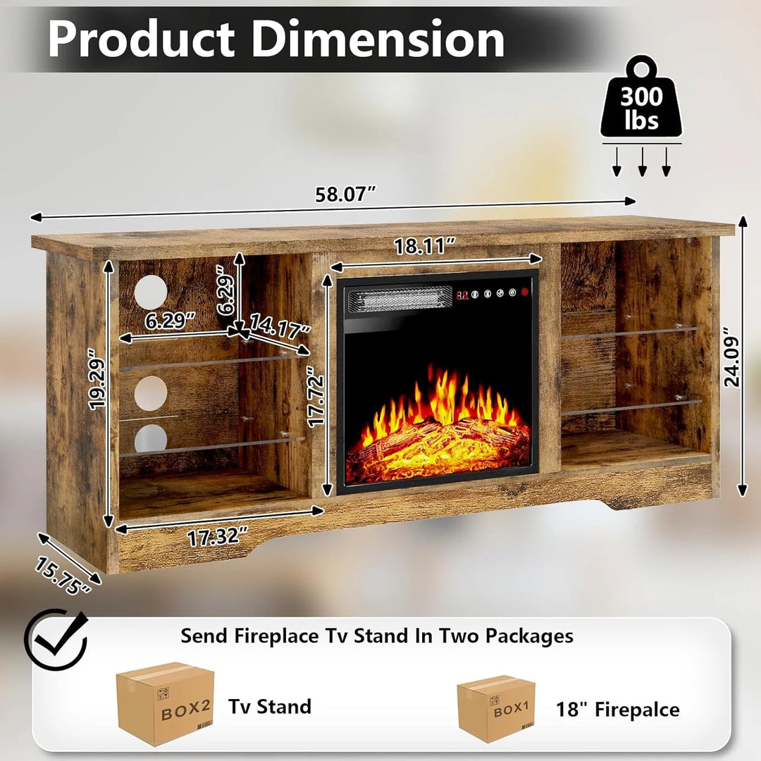 58" Fireplace TV Stand with 18'' Electric Fireplace,Modern Entertainment Center for 65'' Tvs,Tv Console