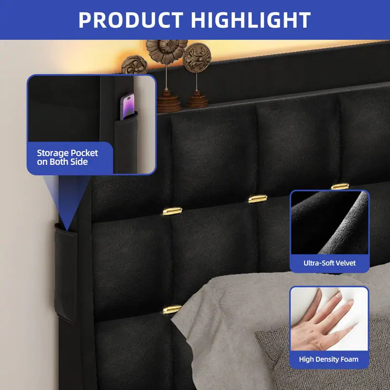 Queen/King Size Velvet Upholstered Bed with Charging Station and Storage Drawers