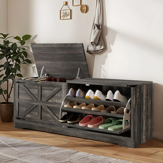 Farmhouse Shoe Storage Bench and Shoe Cabinet with Flip Drawer & Flip-Top Storage