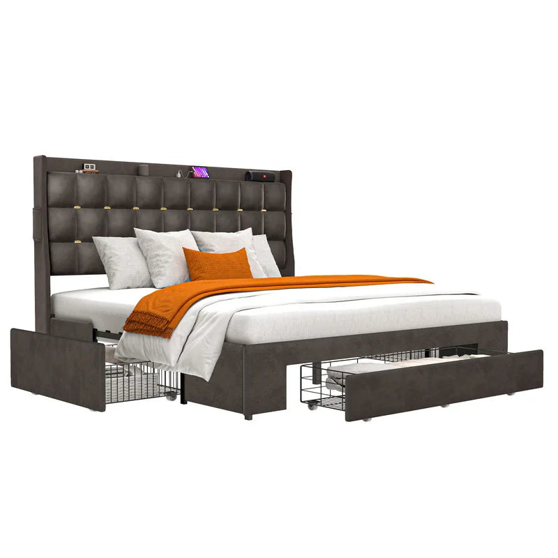 Queen/King Size Velvet Upholstered Bed with Charging Station and Storage Drawers