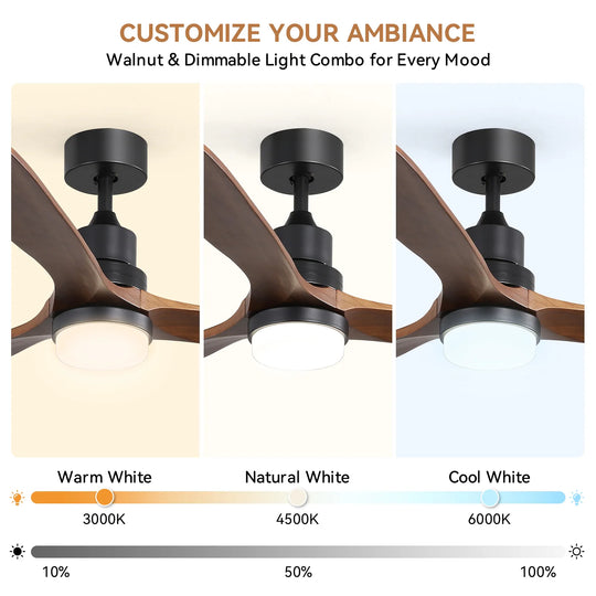 Sofucor 42"/48"/ 52"/60"Noiseless Walnut Wood Ceiling Fan with Remote Control, Integrated Light Optional