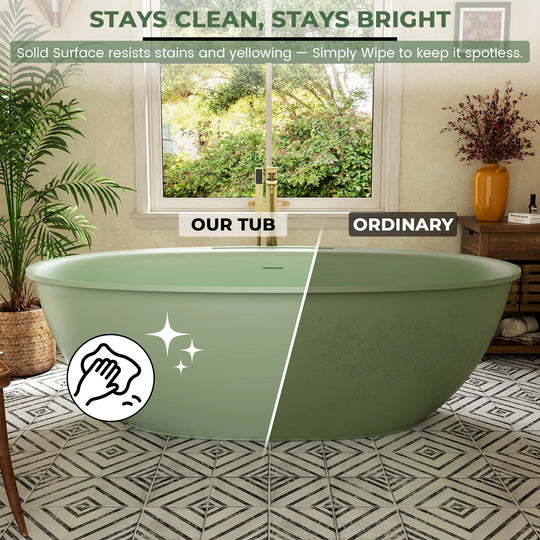 Luxury Flatbottom Solid Surface Freestanding Soaking Bathtub with Discreet Towel Slot and Drain Assembly