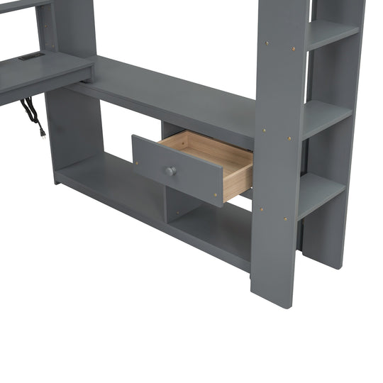 Full Size Gaming Loft Bed with Desk, Multi-Storage Shelves, LED and Charging Station, Dark Design