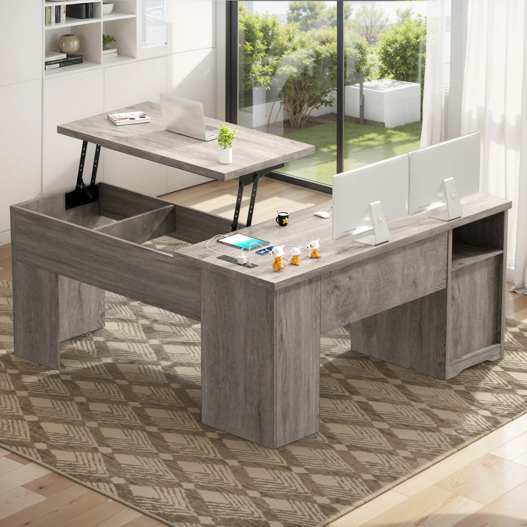 Modern Farmhouse Lift Top L-Shaped Desk with Charge Station, Corner Desk with File Drawers for Home Office