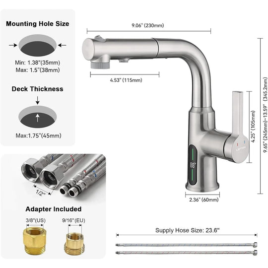 Single Hole Liftable Bathroom Faucet with Temperature Display in Fahrenheit, 3 Water Modes, BF2501