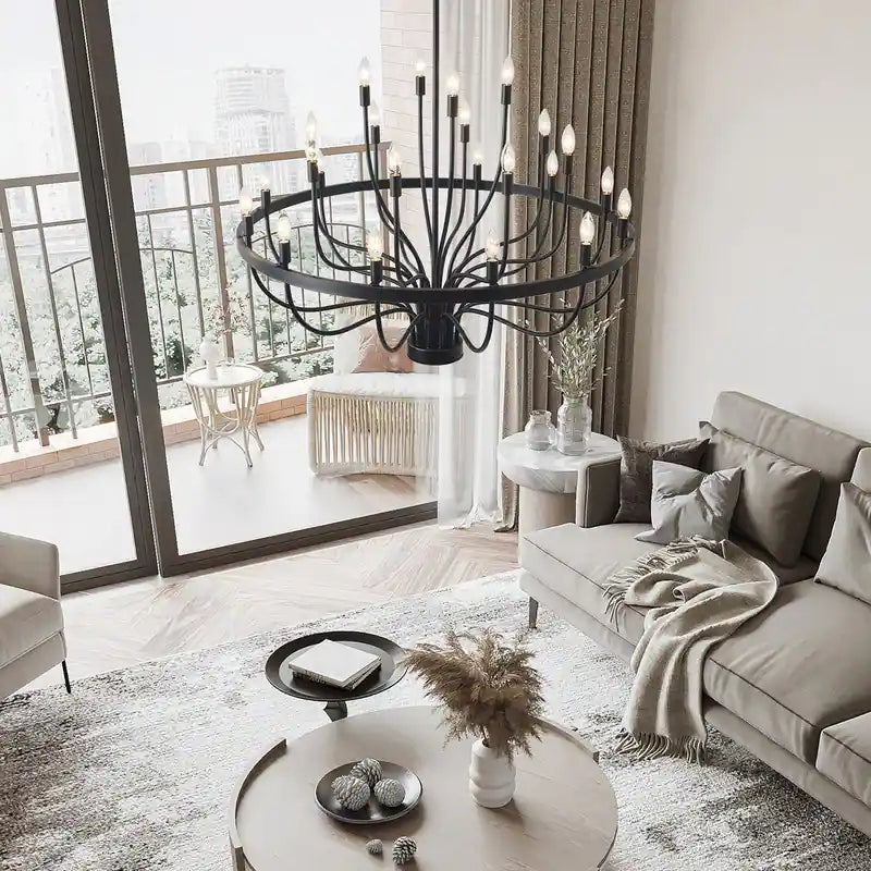 Modern Farmhouse Candle Chandelier Black Large Wagon Wheel Chandeliers
